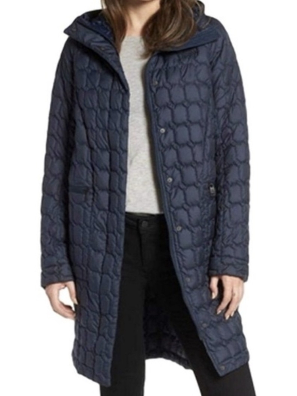 The North Face Navy Quilted Longline Hooded Puffer Coat